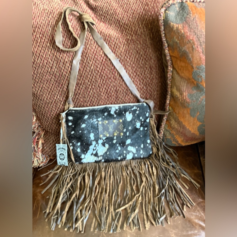 Keep It Gypsy Acid Wash Black Cowhide Genuine Design Patch Fringe Cross Body Bag